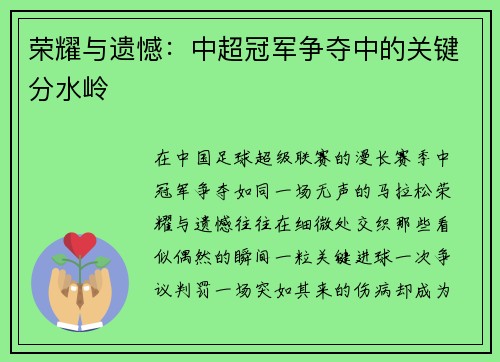 荣耀与遗憾：中超冠军争夺中的关键分水岭