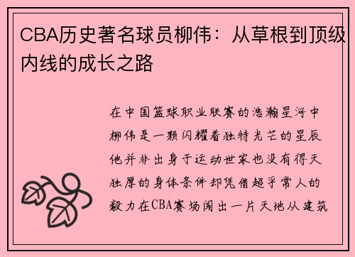 CBA历史著名球员柳伟：从草根到顶级内线的成长之路