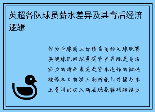 英超各队球员薪水差异及其背后经济逻辑